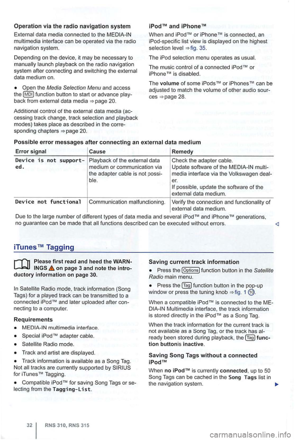 VOLKSWAGEN GOLF 2012 Service Manual Operation via the radio navigation system 
External  data media con nec ted to the multimedia  interface can be ope rated  via the  radio 
navigation  system. 
D epend i
ng on  th e  de vic e,  it  m 