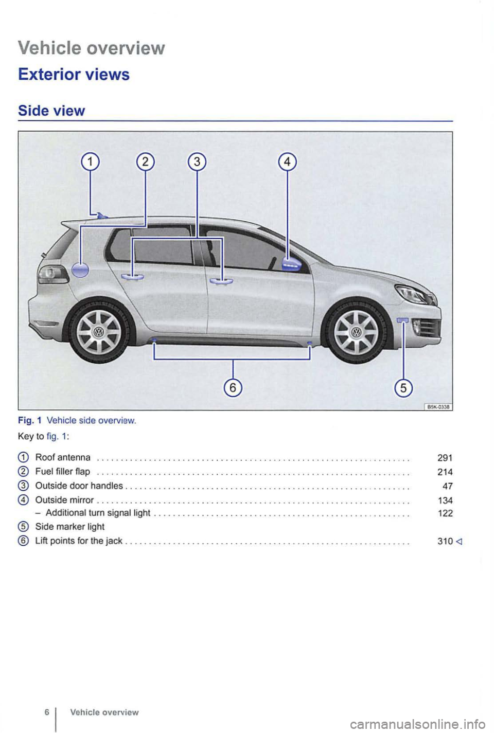 VOLKSWAGEN GOLF 2010  Owners Manual Roof antenna 
Fuel filler 
-Additional  turn signal  light ................. ................ .. ..... .... ...... ... . 
marker  light 
® Lift points  for the  jack 
Vehic le  overview 
291 
214 
47