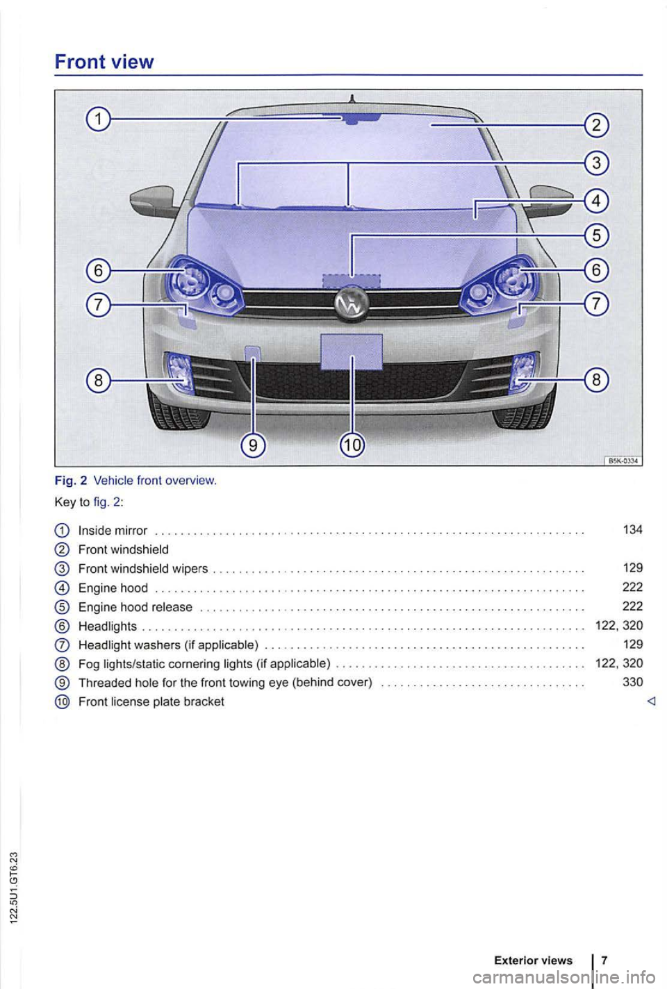 VOLKSWAGEN GOLF 2010  Owners Manual Front view 
Fig. 2 
mirr or 
Front  windshield 
Front  win dshie ld  wipers 
® 
® @ 
Engine  hood 
Engine hood ..........••..• ......... ........ .. ......................... 
Headl ights ....