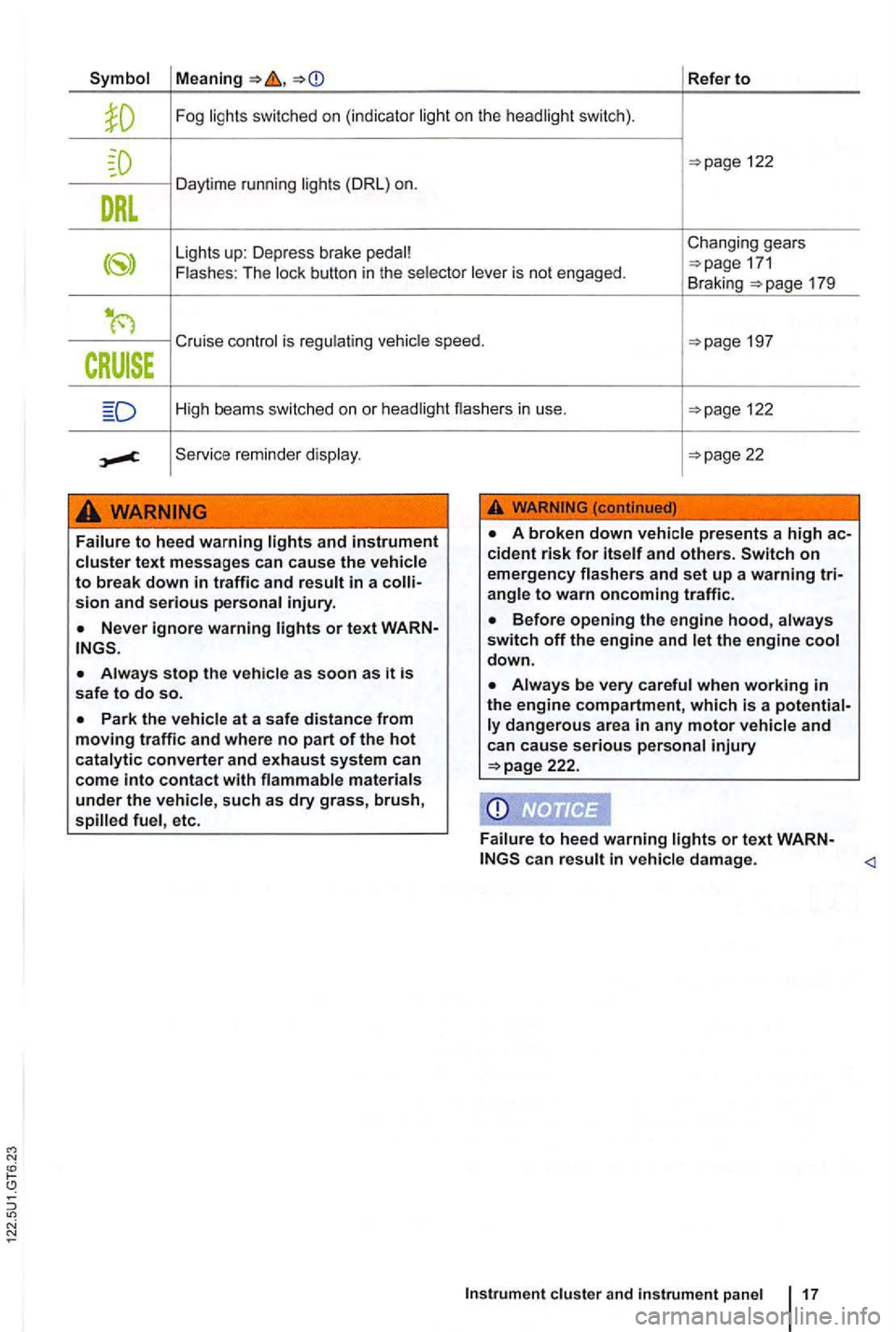 VOLKSWAGEN GOLF 2010 Owners Manual Refer to
Fog
122
Da ytime running
Changing gears
button in the is not engaged . 171 Braking 179
Cruise is
High beams switched on or 122
reminde r
sion and serious
as soon as it is safe VOLKSWAGEN GOLF 2010 Owners Manual Refer to
Fog
122
Da ytime running
Changing gears
button in the is not engaged . 171 Braking 179
Cruise is
High beams switched on or 122
reminde r
sion and serious
as soon as it is safe