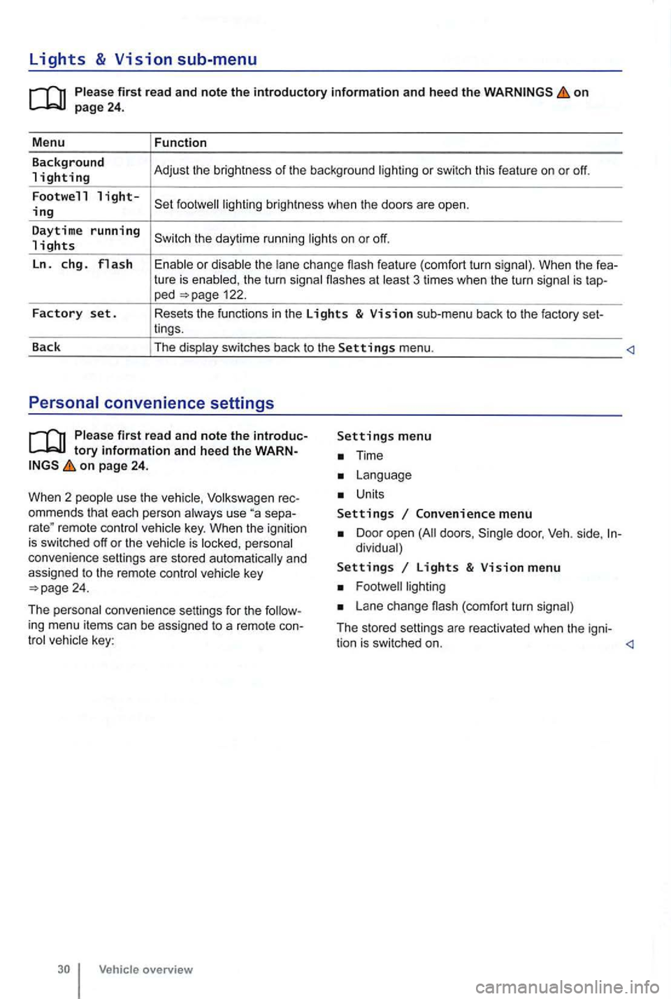 VOLKSWAGEN GOLF 2009 Owners Manual Lights & Vision sub-menu
on
the turn signa l flashes at 3 times when the turn signal is tap-ped 122.
Factory set. Resets the functions in the Lights & Vision sub-menu back to the factory s VOLKSWAGEN GOLF 2009 Owners Manual Lights & Vision sub-menu
on
the turn signa l flashes at 3 times when the turn signal is tap-ped 122.
Factory set. Resets the functions in the Lights & Vision sub-menu back to the factory s