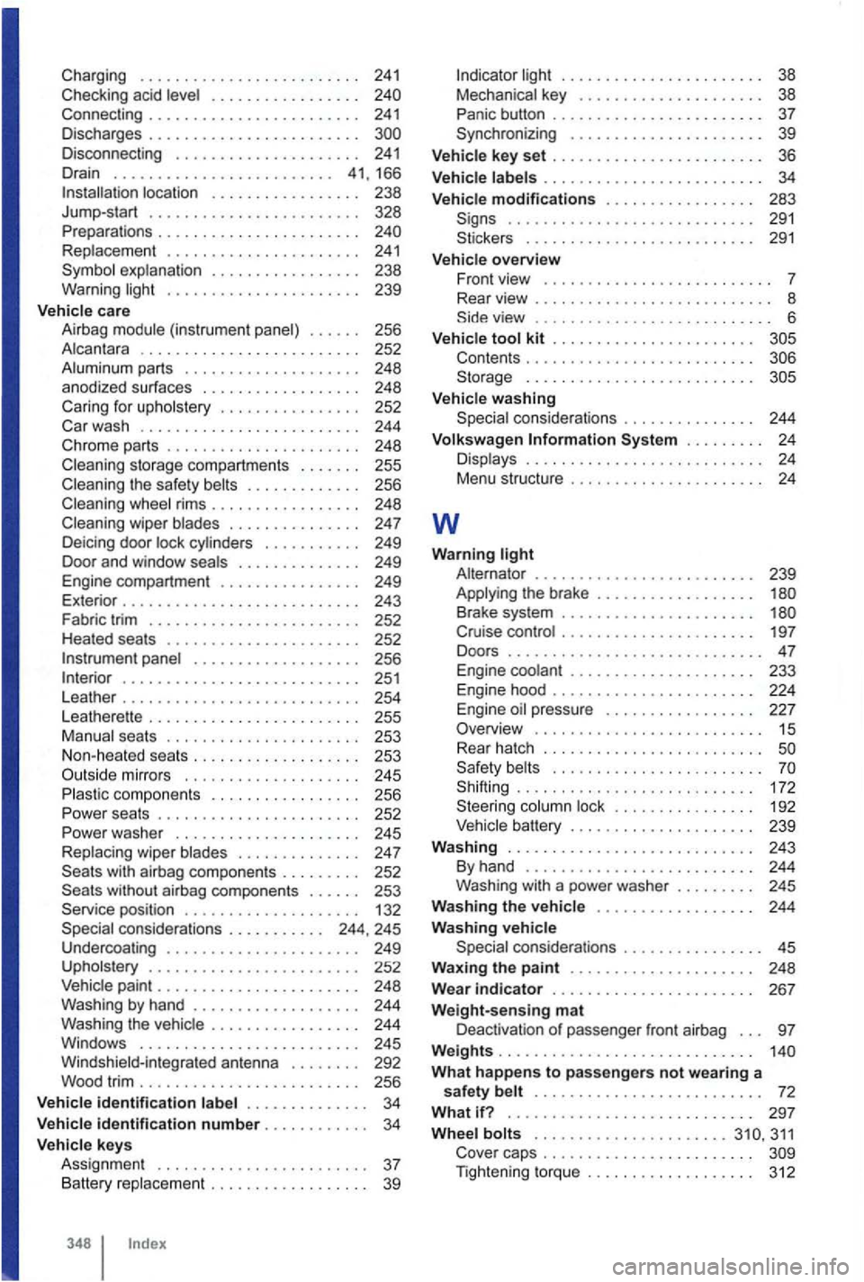 VOLKSWAGEN GOLF 2009  Owners Manual Charg ing .  . . .  . . . . .  . . .  . .  . . . .  . .  . . . . . 24 1 Checking  acid level . . . . . . . . .  . . . . .  . . . . . . . . .  . . 241 D ischarges  . . . . . . . . . . . . . . . .  . . 