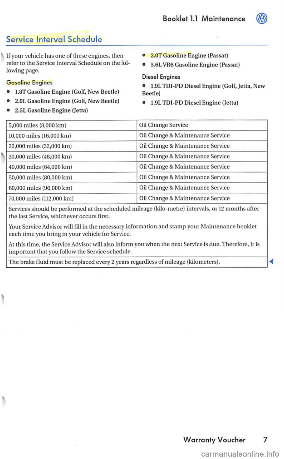 VOLKSWAGEN GOLF 2008 Owners Manual Service
If yo ur vehicle has o ne of Interva l
Gas olin e Engin e (Golf, Ne w Beetle)
km)
mil es
miles
km )
km)
mil es km)
miles km)
miles
1.1 Mai ntenance
Gaso line Engin e (Passat)
3 VOLKSWAGEN GOLF 2008 Owners Manual Service
If yo ur vehicle has o ne of Interva l
Gas olin e Engin e (Golf, Ne w Beetle)
km)
mil es
miles
km )
km)
mil es km)
miles km)
miles
1.1 Mai ntenance
Gaso line Engin e (Passat)
3