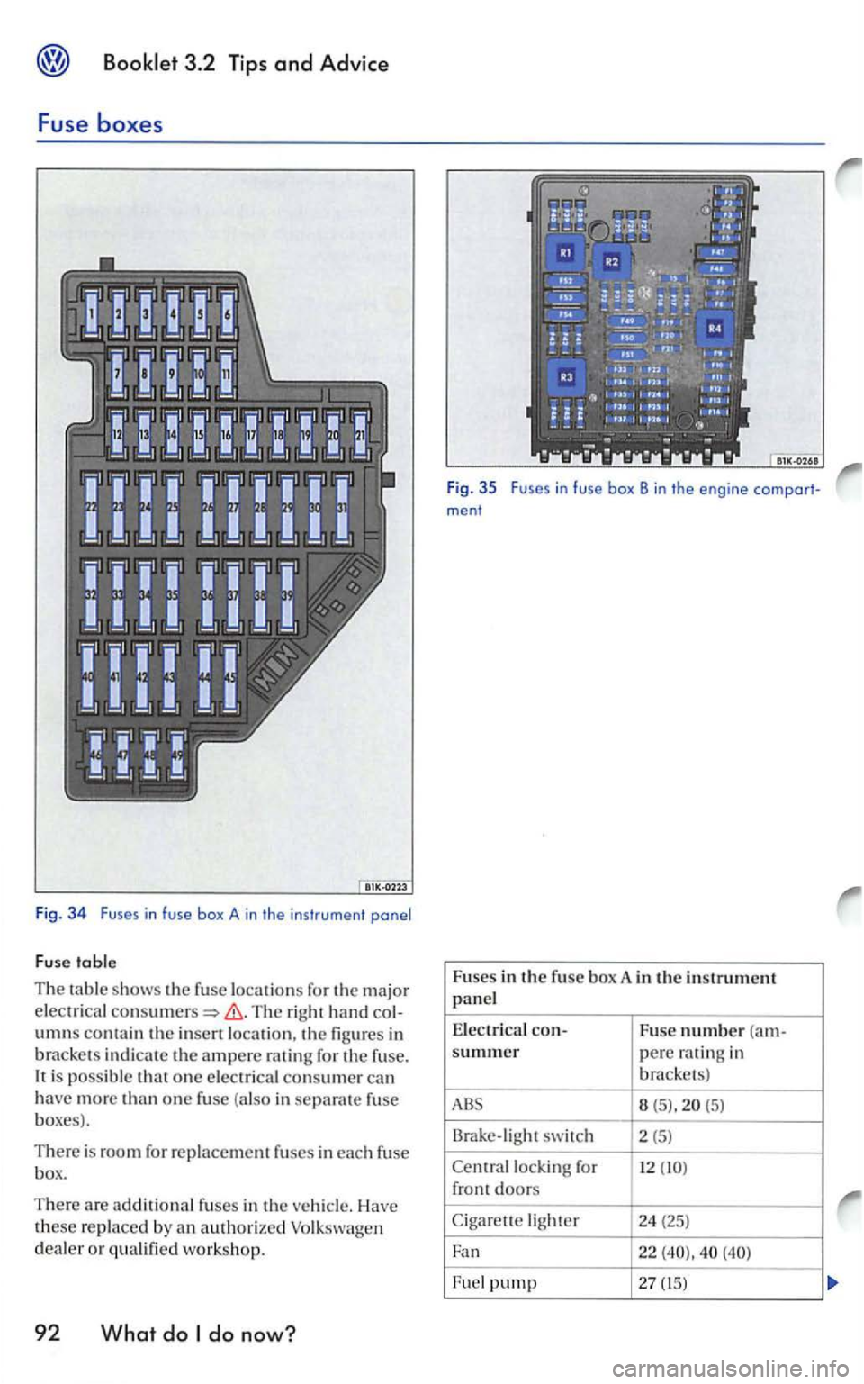 VOLKSWAGEN GOLF 2008  Owners Manual Fig . 34 Fuses in fuse box  A in the  instrument panel 
F
use table 
The s h ows the fuse locations for  th e  major 
elec trical hand col­umns comainth e location , th e the ampere for  the fu se. i