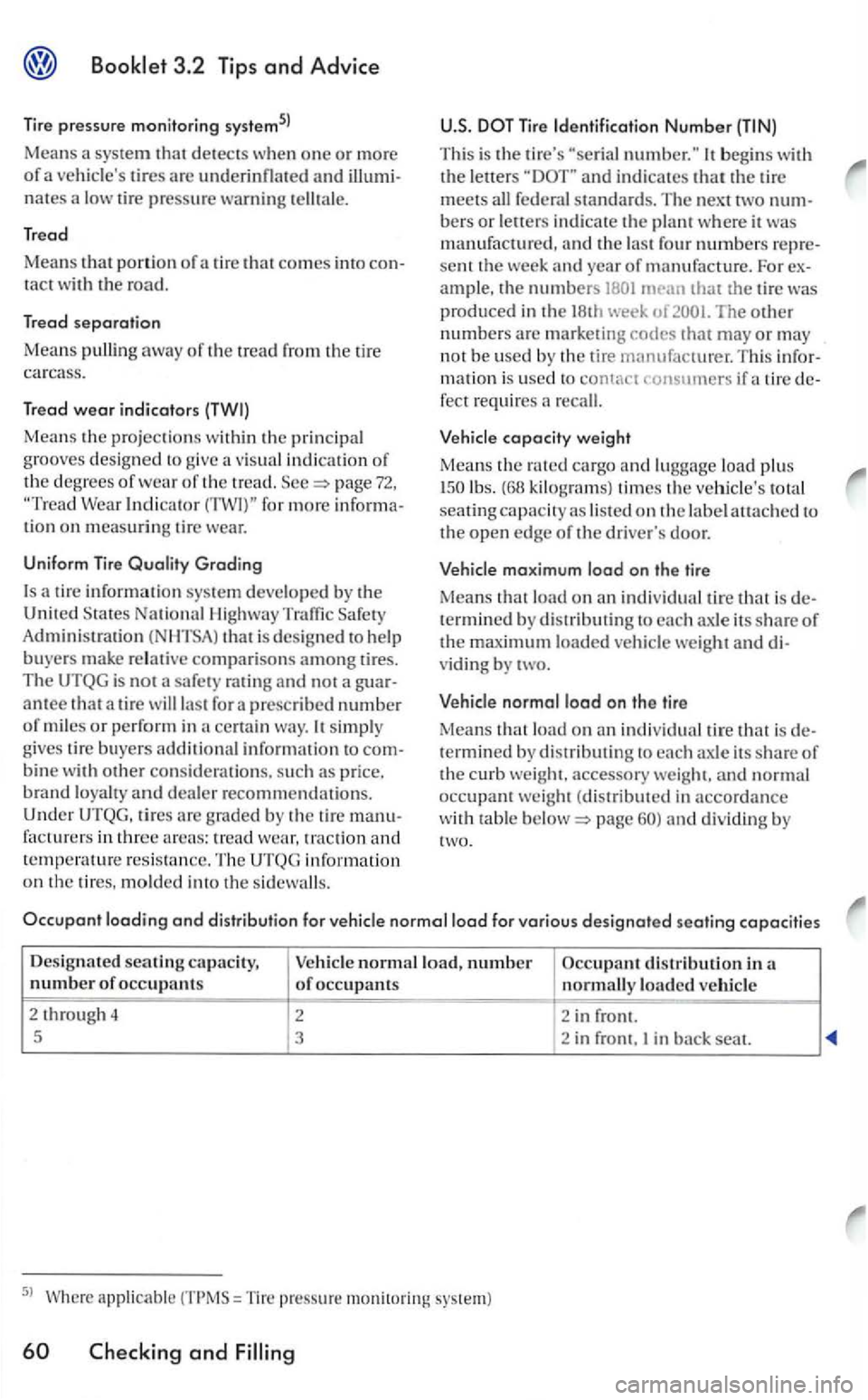 VOLKSWAGEN GOLF 2005  Owners Manual 3.2  Tip s and Advice 
Tir e pressure monitoring 
tires are underinflated a nd nates a  low tire pressure warning tellt ale. 
Tread 
Means that porti on of tire that comes into tact the  road. 
Tread 