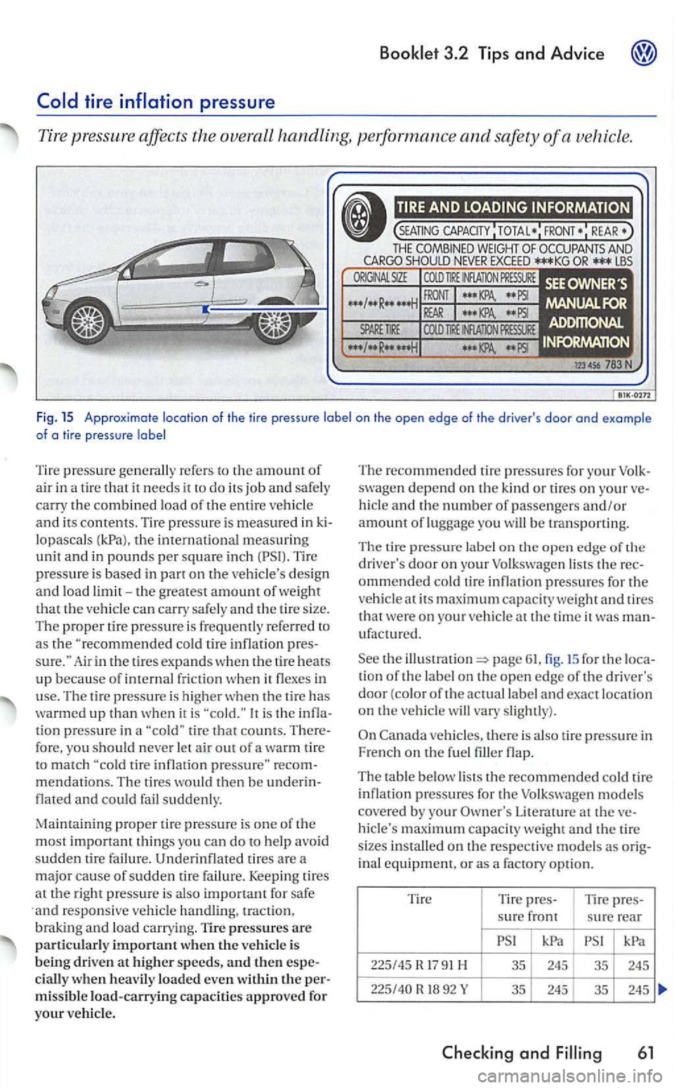VOLKSWAGEN GOLF 2005  Owners Manual 3.2 Tips and  Advice 
refers  to the amount of air in a  tire that it needs it to do its job and  safe ly carry the combined load of the entire 
on the d esign and load limit-the greatest amount of we