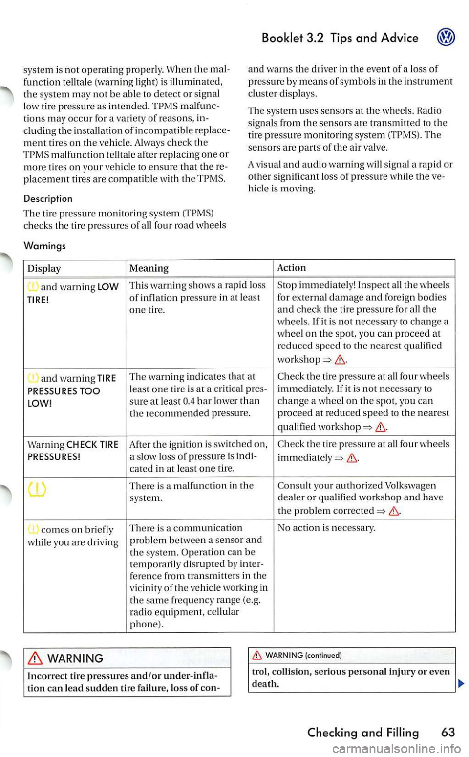 VOLKSWAGEN GOLF 2005  Owners Manual syste m  is not operating properly. When the mal­funct ion telltale  (warning  light) is  illuminat ed, the system may not be able to detect or signal 
low  tire pressure as intended. malfunc­
tions