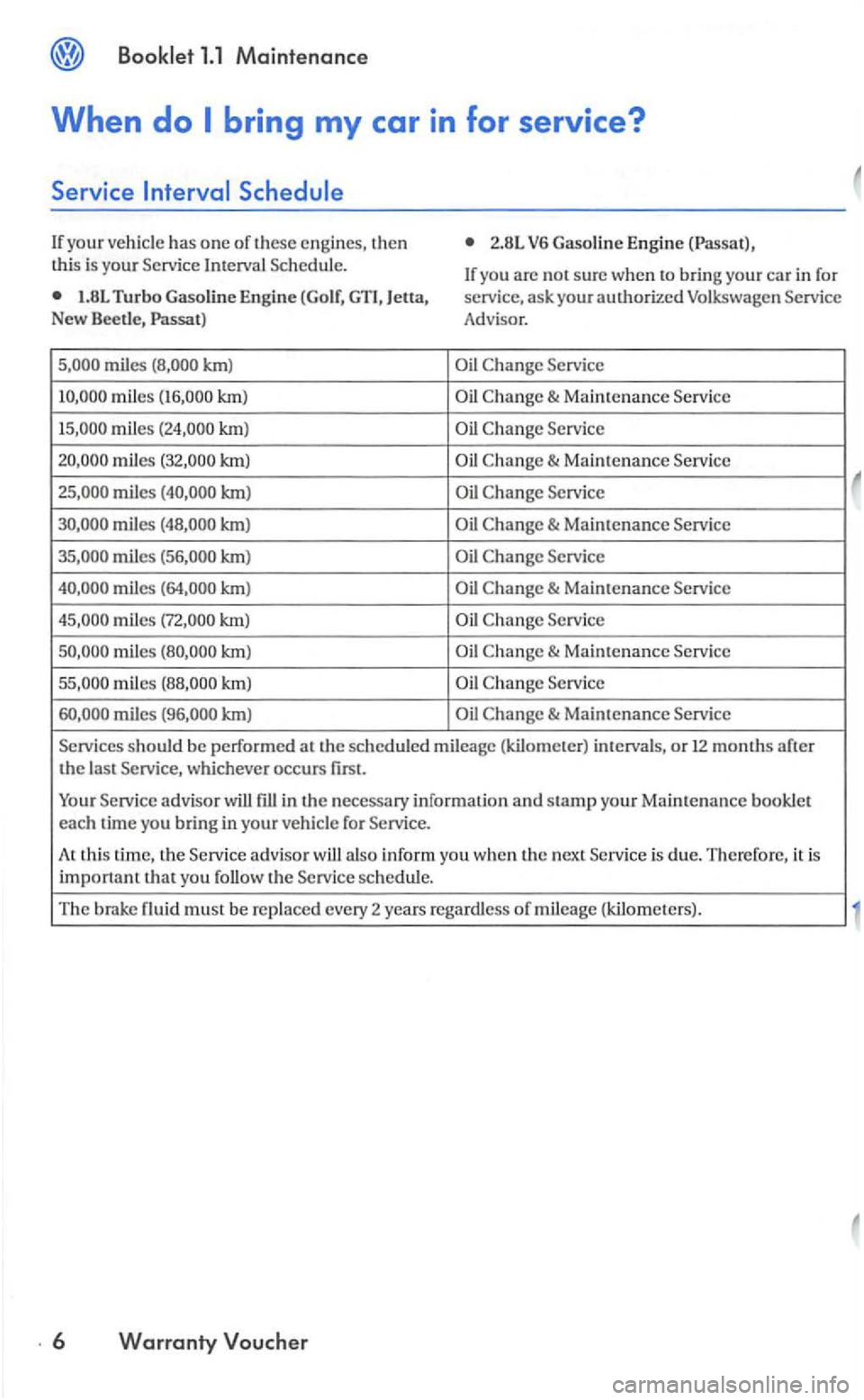 VOLKSWAGEN GOLF 2004 Owners Manual Booklet 1.1 Maintenanc e 
When do 
If your ve hicl e has one or these th e n lhis  is your Service Schedule. 
1.8L Turbo  Gaso line Eng ine 
km) 
miles km) 
miles 
mile s 
miles 
miles kml 
mile s 
km