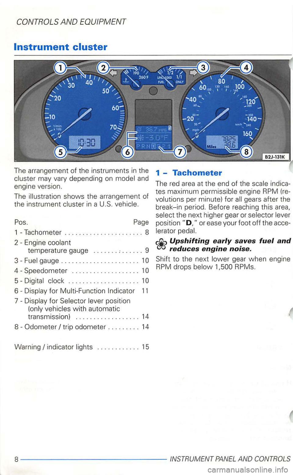 VOLKSWAGEN GOLF 2003  Owners Manual The arrangement of the instruments  in the may  vary depending  on model and engine  version. 
The  illustration  shows the arrangement 
of the instrumen t in a U.S. 
Pos. Page 
1 -Tachometer ........