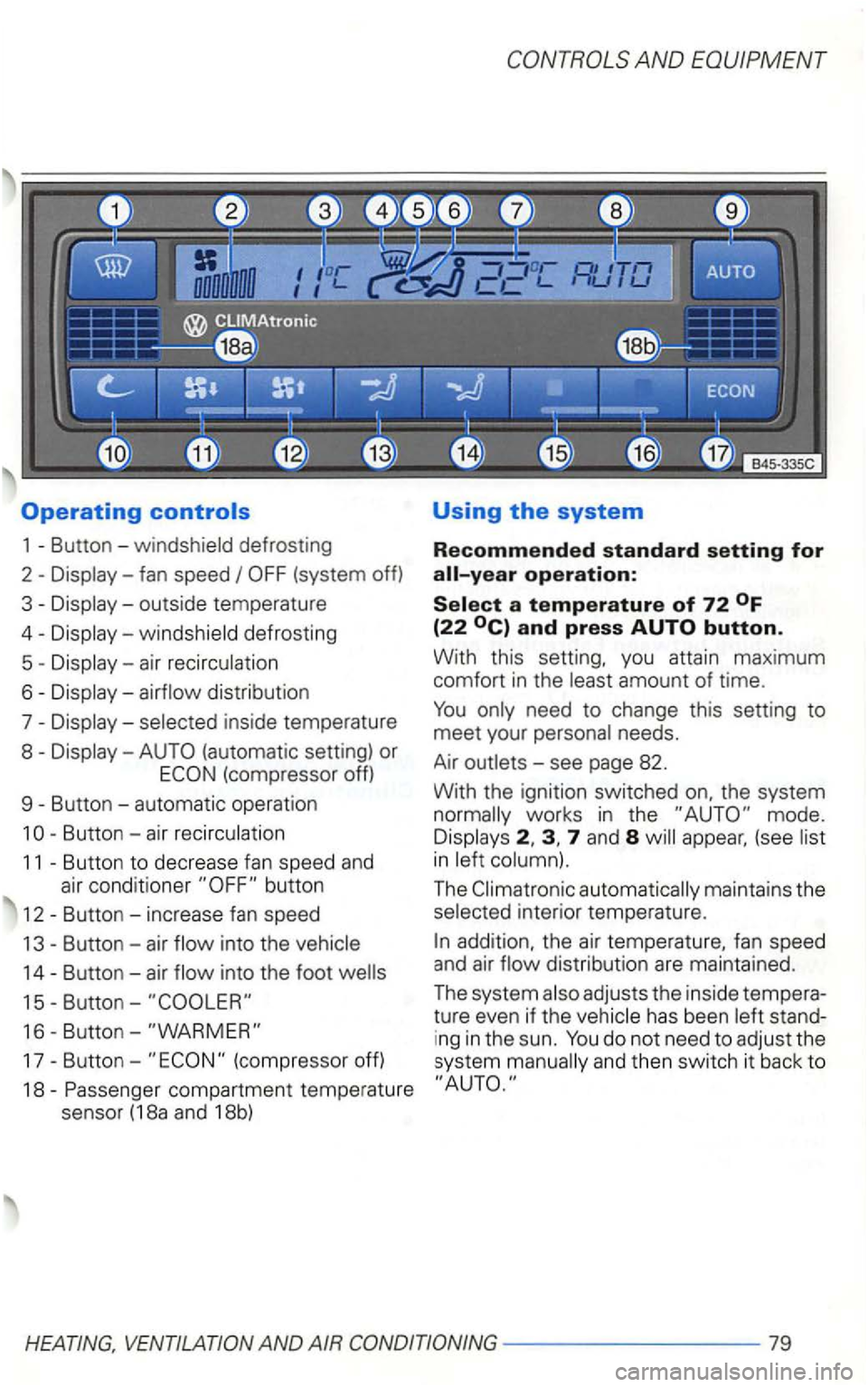 VOLKSWAGEN GOLF 2003 Owners Manual Operating
1
fan speed
distribution
7
inside temperature
8
(automatic setting) or (compressor off)
9
Button -automatic operation
1
button
12
Button - air into the
14 Button -air in VOLKSWAGEN GOLF 2003 Owners Manual Operating
1
fan speed
distribution
7
inside temperature
8
(automatic setting) or (compressor off)
9
Button -automatic operation
1
button
12
Button - air into the
14 Button -air in