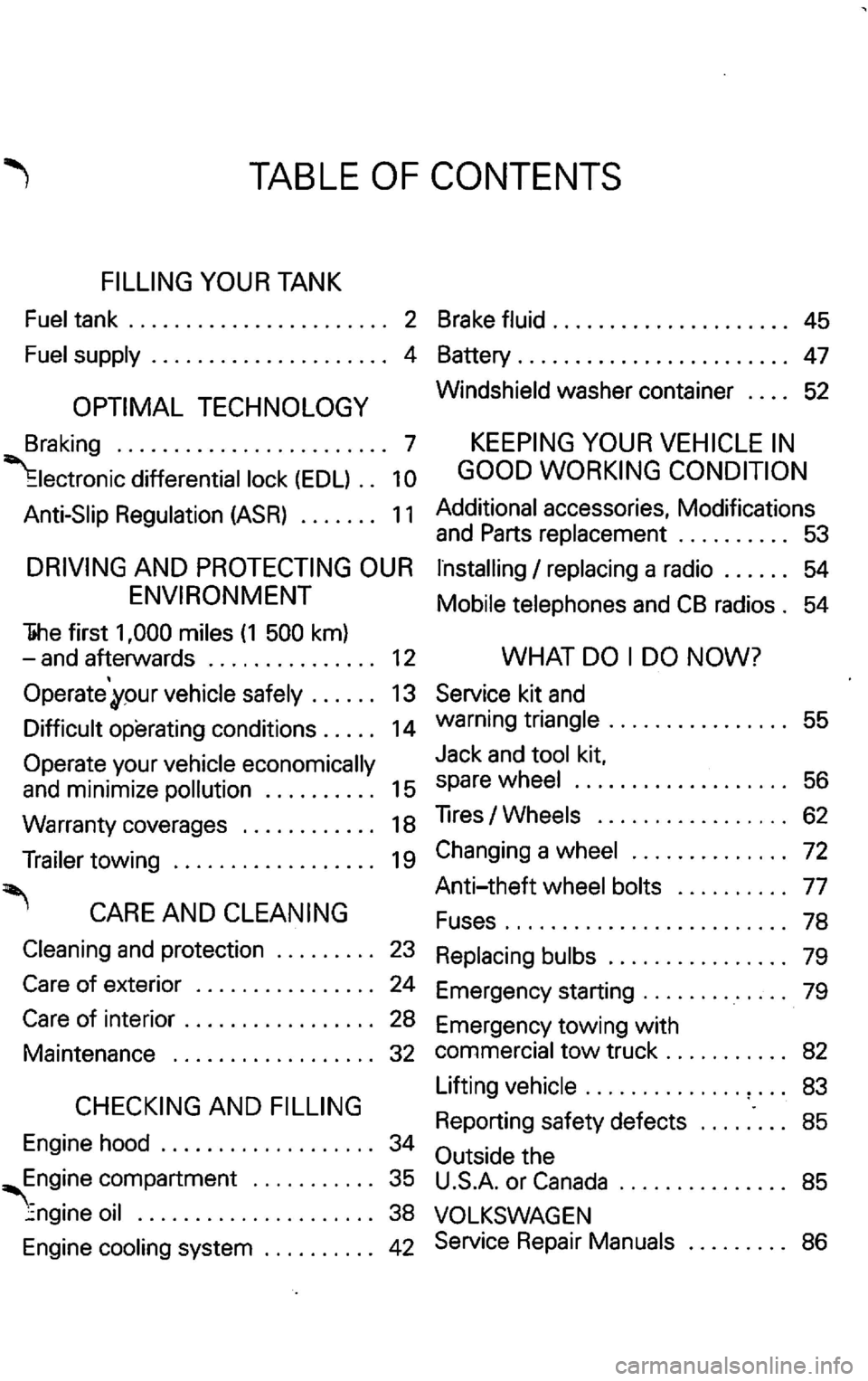 VOLKSWAGEN GOLF 2003 Owners Manual TABLE VOLKSWAGEN GOLF 2003 Owners Manual TABLE