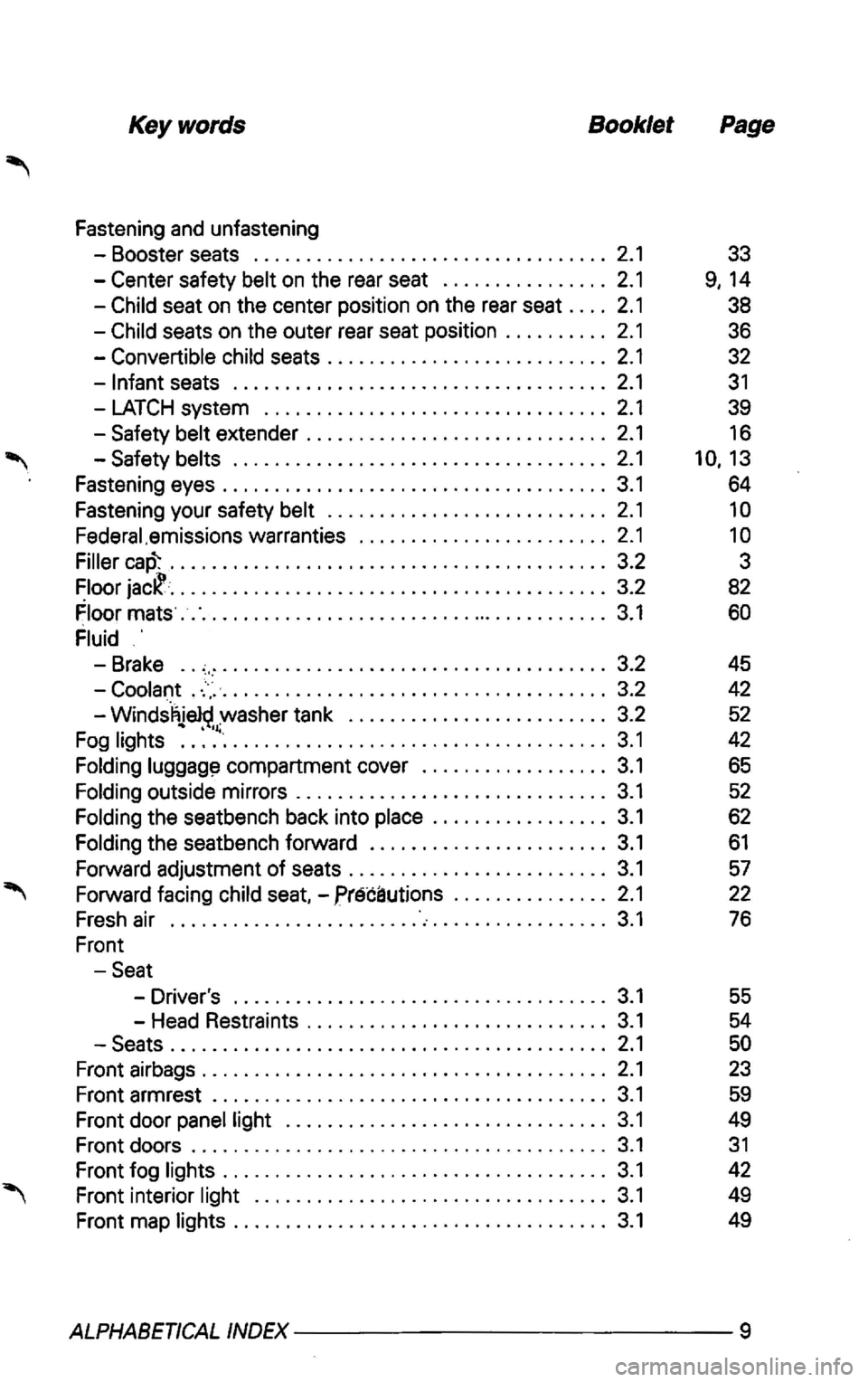 VOLKSWAGEN GOLF 2002 User Guide Keywords Booklet
Fastening and unfastening
-Booster seats .................................. 2.1
-Center safety
. . . . . . . . . . . . . . . . . . . . . . . . . . . . . . . . . . . . 2.1
VOLKSWAGEN GOLF 2002 User Guide Keywords Booklet
Fastening and unfastening
-Booster seats .................................. 2.1
-Center safety
. . . . . . . . . . . . . . . . . . . . . . . . . . . . . . . . . . . . 2.1