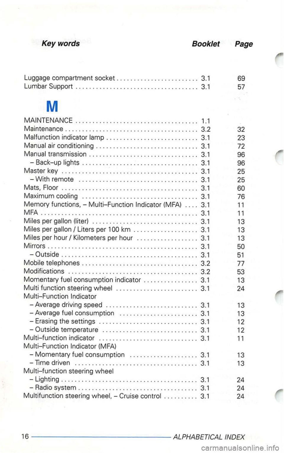 VOLKSWAGEN GOLF 2002  Owners Manual Keywords Booklet Page 
Luggage compartment  socket .. ...................... 3.1 69 
Lumbar  Support .................................... 3.1  57 
M 
. . . . . . . . . .  . .  . . .  . . .  . . .  . .