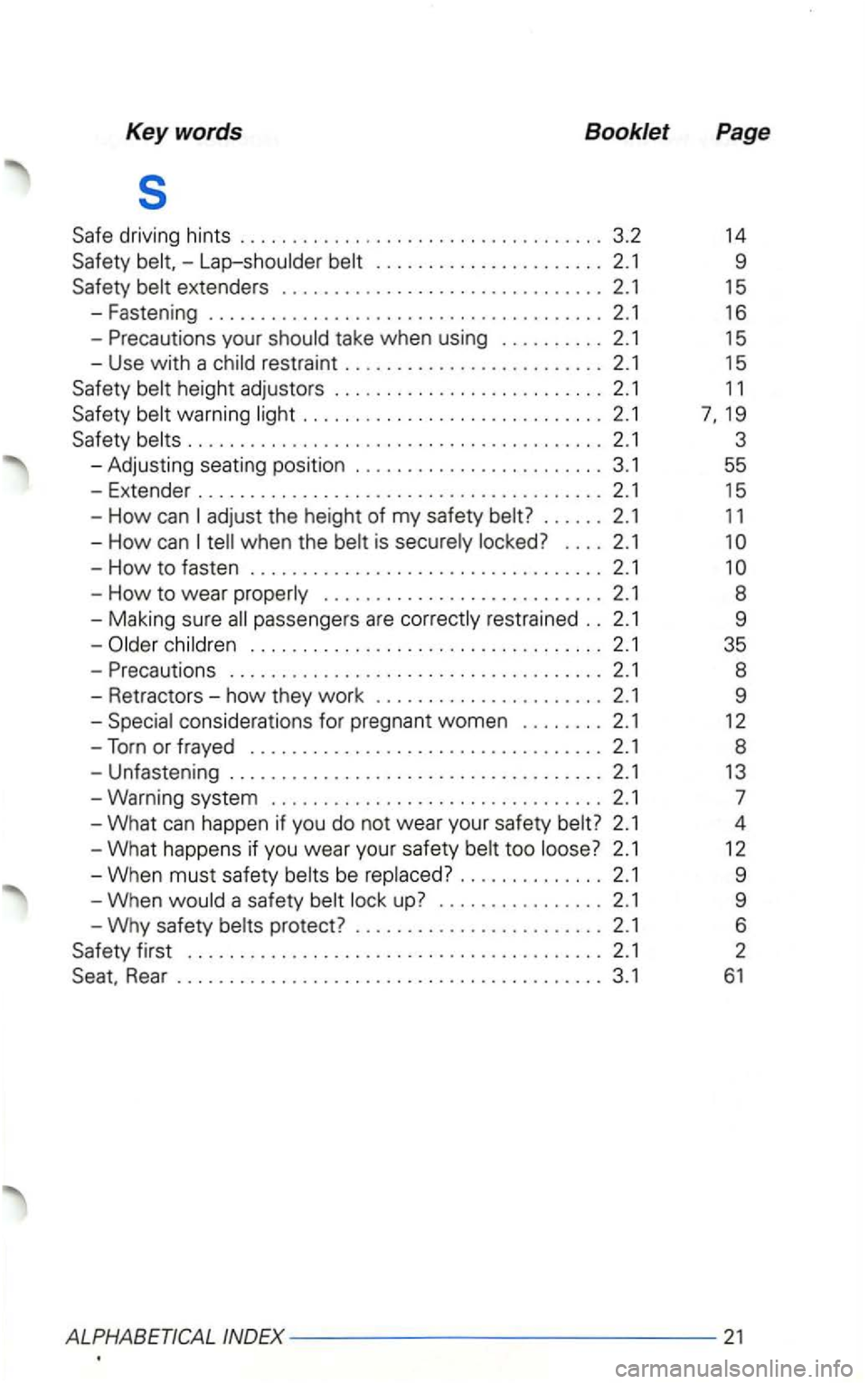 VOLKSWAGEN GOLF 2002  Owners Manual Keywords Booklet Page 
s 
driving hints ..... ........................... ... 3.2 14 
adjust  the height  of my  safety  belt? . . . . . . 2.1  11 
-How can 
children .................................