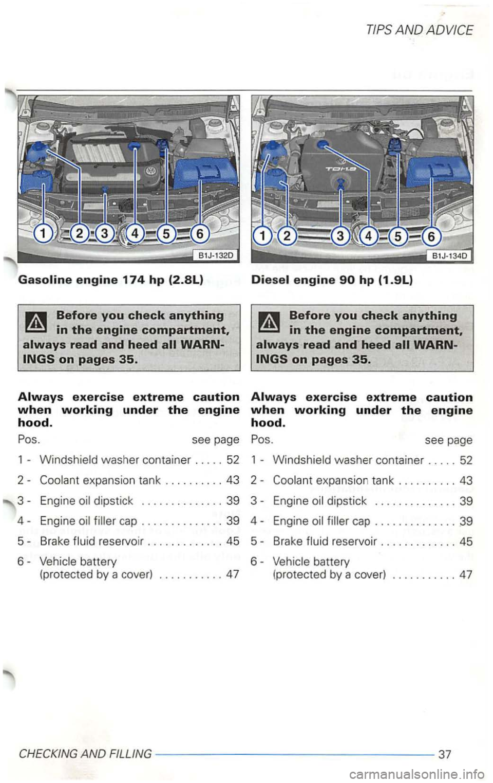 VOLKSWAGEN GOLF 2002 Owners Manual Before you check anything
washer container ..... 52 1 -
dipstick .............. 39 3-Engine
cap .............. 39 4-Engine cap .............. 39
5-Brake
battery
(pro tected by a cover) ....... VOLKSWAGEN GOLF 2002 Owners Manual Before you check anything
washer container ..... 52 1 -
dipstick .............. 39 3-Engine
cap .............. 39 4-Engine cap .............. 39
5-Brake
battery
(pro tected by a cover) .......