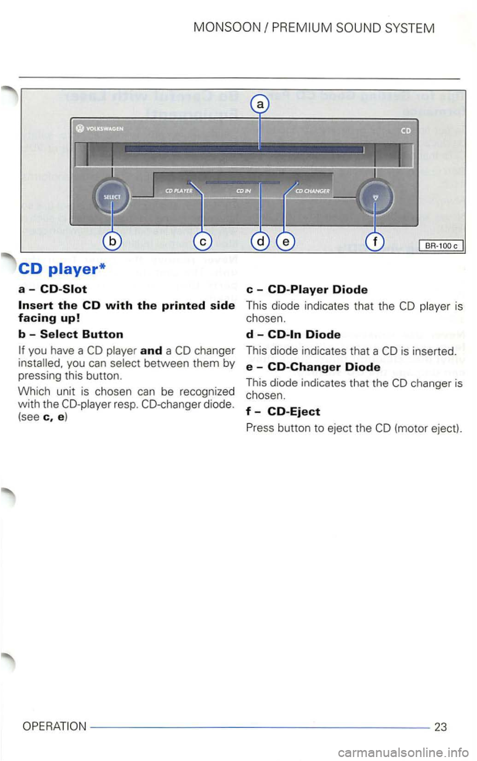 VOLKSWAGEN GOLF 2002  Owners Manual CD 
a-
and a you can 
resp. 
is  inserted. 
e  -CO-Changer Diode 
This  diode  indicates  that the 
23  