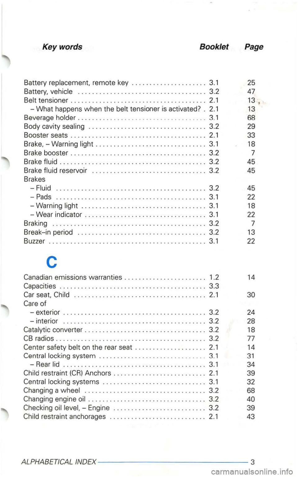 VOLKSWAGEN GOLF 2002 Owners Manual Keywords Booklet Page
Battery replacement. remote key 3.1 25
Battery, vehicle .................................... 3.2 47
Belt tensioner 2.1 1 3 ,
- What happens when the belt tens ione VOLKSWAGEN GOLF 2002 Owners Manual Keywords Booklet Page
Battery replacement. remote key 3.1 25
Battery, vehicle .................................... 3.2 47
Belt tensioner 2.1 1 3 ,
- What happens when the belt tens ione