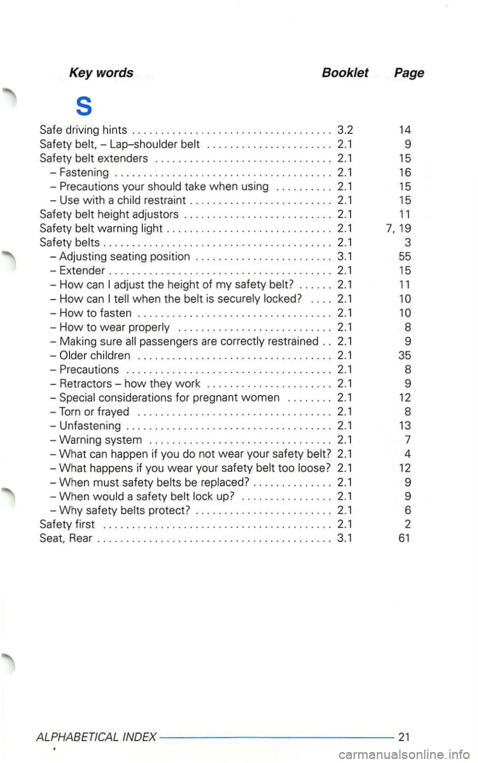 VOLKSWAGEN GOLF 2001 Owners Manual Keywords Booklet Page
s
driving hints ..... ........................... ... 3.2 14
adjust the height of my safety belt? . . . . . . 2.1 11
-How can
children ................................. VOLKSWAGEN GOLF 2001 Owners Manual Keywords Booklet Page
s
driving hints ..... ........................... ... 3.2 14
adjust the height of my safety belt? . . . . . . 2.1 11
-How can
children .................................