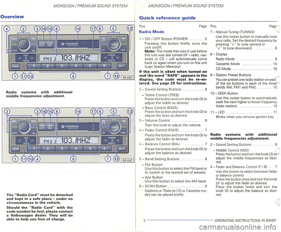 VOLKSWAGEN GOLF 2001 Owners Manual Overview
Radio systems with additional middle frequencies adjustment.
The must be detached
and kept in a safe place -under no
circumstances in the vehicle.
Should the with the
code number be ple VOLKSWAGEN GOLF 2001 Owners Manual Overview
Radio systems with additional middle frequencies adjustment.
The must be detached
and kept in a safe place -under no
circumstances in the vehicle.
Should the with the
code number be ple