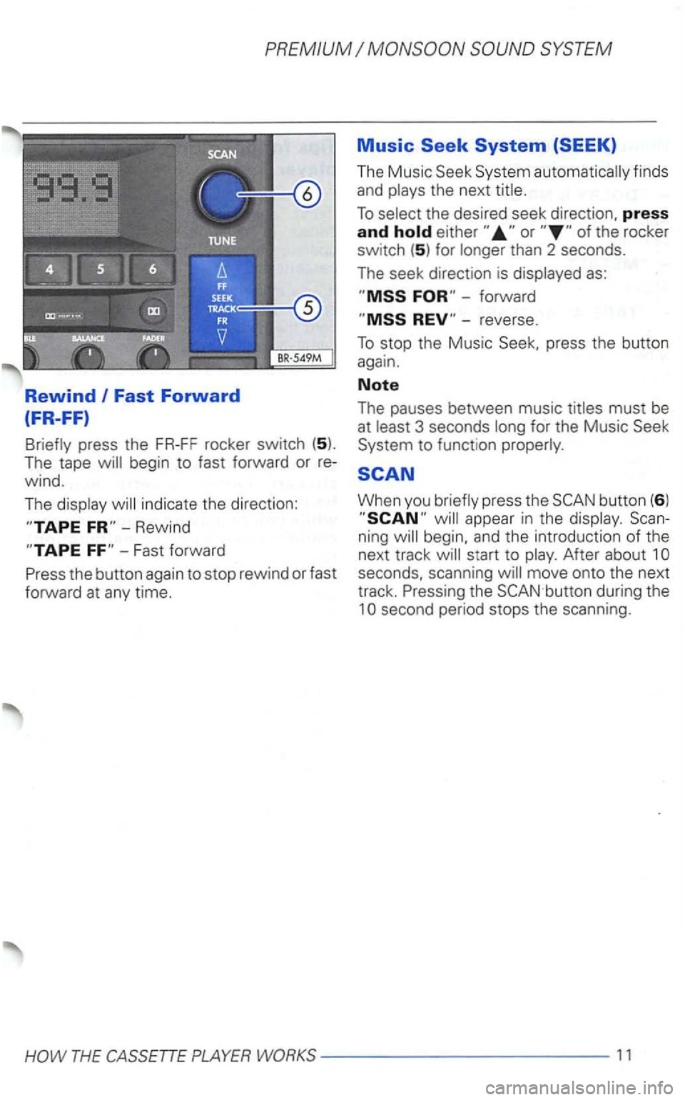 VOLKSWAGEN GOLF 2000  Owners Manual PREMIUM 
Fast Forward 
(FR-FF) 
press the FR-FF rocker switch (5). 
T he  tape 
indica te  th e direc tion: 
Rewind 
fi nds 
and 
To the  desired  seek direction , press 
and than 2 seconds. 
The seek