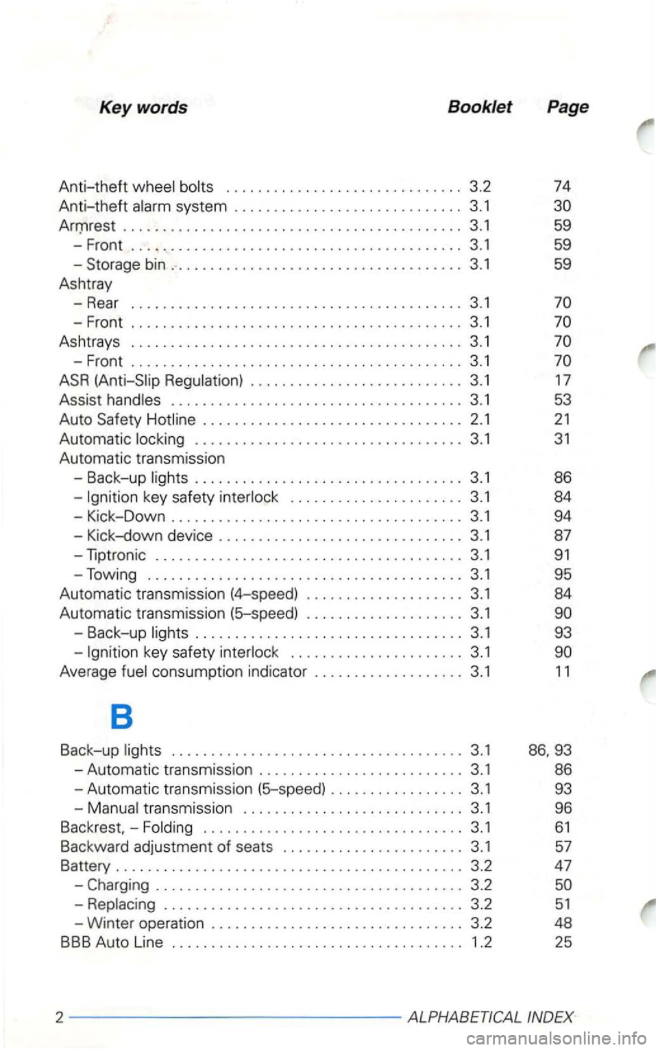 VOLKSWAGEN GOLF 1999 Owners Manual Keywords Booklet
Page
Anti-theft .............................. 3.2 74
Anti-theft
t . . . . . . . . . . . . . . . . . . . . . . . . . . . . . . . . . . . . . . . . . . . 3. 1 59
-Fron VOLKSWAGEN GOLF 1999 Owners Manual Keywords Booklet
Page
Anti-theft .............................. 3.2 74
Anti-theft
t . . . . . . . . . . . . . . . . . . . . . . . . . . . . . . . . . . . . . . . . . . . 3. 1 59
-Fron