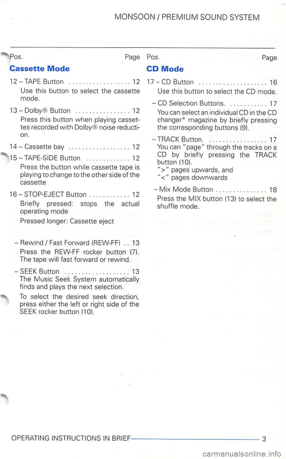 VOLKSWAGEN GOLF 1999  Owners Manual Cassette Mode CD Mode 
12-
Button ................ 12 
casset­
tes  recorded  with 
noise reducti­
on . 
14-
cassette  tape is to change to the  other  side of the 
cassette 
16-
Fast  Forward (REW-