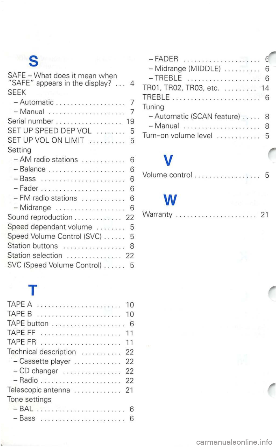 VOLKSWAGEN GOLF 1998  Owners Manual s 
-What does it  mean when . . .  4 
- Automatic  . . . .  . . . . . . . . . . . . . . .  7 
........ 5 
.......... 5 
-AM radio stations  . . . . . . .  . . . . .  6 
..................... 6 
-Bass 