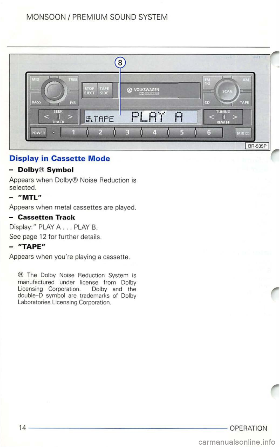VOLKSWAGEN GOLF 1998  Owners Manual Appears when metal  cassettes are played. 
-Cassetten Track 
Appears  when youre  playing a cassette. 
® The Noise  Reduction  System is 
m anufactured  under 
Laboratories  Licensing 
14 ----------