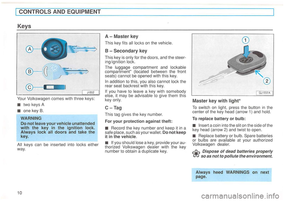 VOLKSWAGEN GOLF 1995 Owners Manual AND EQ UIPMENT
K eys
A - Mas te r key
T his key fits locks on the vehic le.
B-Secondary key
Your Volkswagen comes with three keys:
This key is only for the doors, and the
you ha VOLKSWAGEN GOLF 1995 Owners Manual AND EQ UIPMENT
K eys
A - Mas te r key
T his key fits locks on the vehic le.
B-Secondary key
Your Volkswagen comes with three keys:
This key is only for the doors, and the
you ha