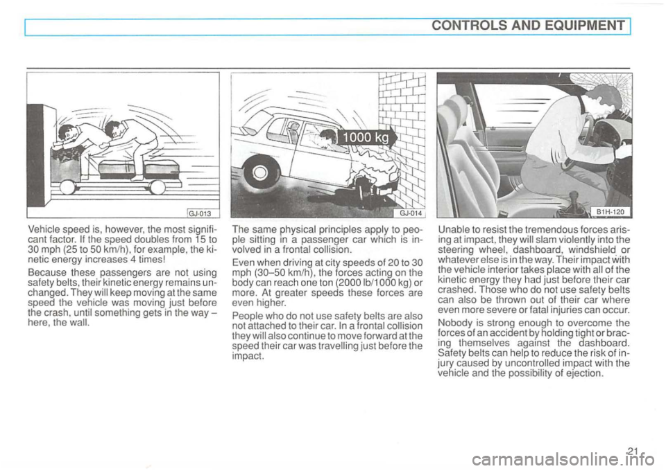 VOLKSWAGEN GOLF 1995  Owners Manual Vehicle speed is, however , the  most  signifi­
cant  factor. the speed  doubles  from 15 to 
km/h),  the  forces  acting on the 
body  can reach  one ton lb/1 kg)  or 
more.  At greater  speeds  the