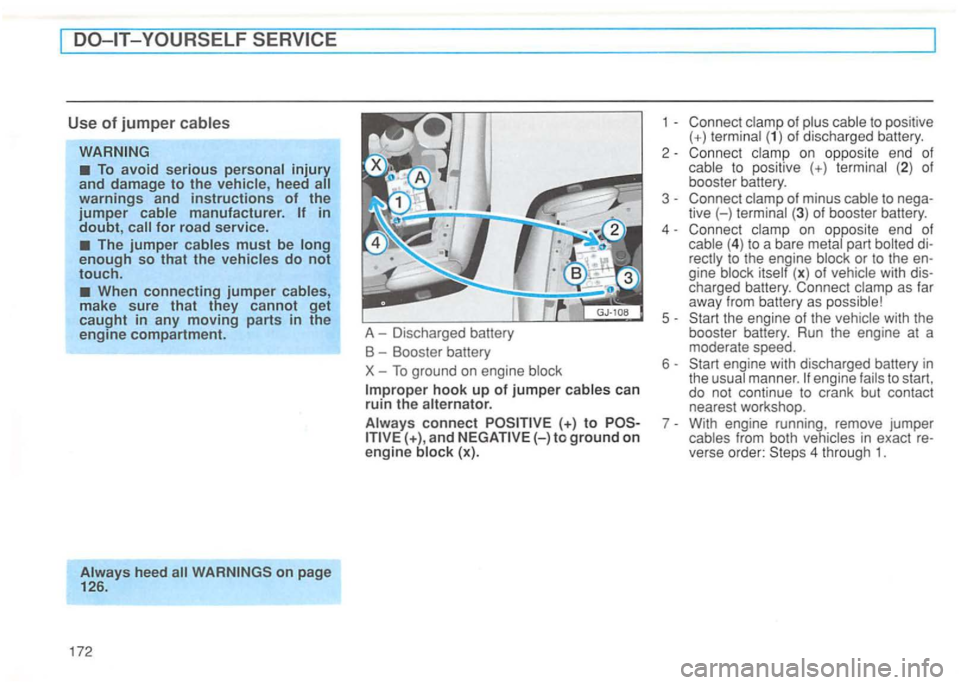 VOLKSWAGEN GOLF 1992  Owners Manual make sure that they cannot get caught in any moving parts in the 
engine  compartment. 
ho ok  up of jumpe r can 
ruin  th e 
(+)  to to ground o n 
e ngine 
to positive ( +) ( 1 ) of  discharged  bat
