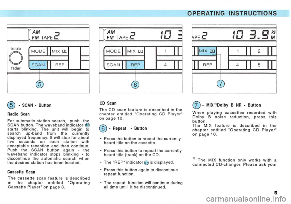VOLKSWAGEN GOLF 1992 Owners Manual AM
treble
fa der
Button
Radio Scan
For automatic station search, push the
starts blinking. The unit
stop for about five seconds on each station with acceptable reception and then continue. the VOLKSWAGEN GOLF 1992 Owners Manual AM
treble
fa der
Button
Radio Scan
For automatic station search, push the
starts blinking. The unit
stop for about five seconds on each station with acceptable reception and then continue. the