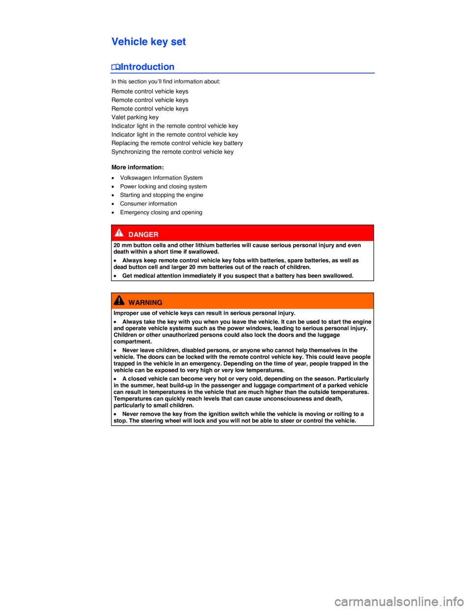 VOLKSWAGEN PASSAT 2012 Owners Guide  
Vehicle key set 
�