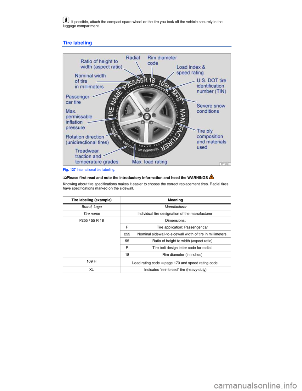 VOLKSWAGEN PASSAT 2011  Owners Manual  
  If possible, attach the compact spare wheel or the tire you took off the vehicle securely in the luggage compartment. 
Tire labeling 
 
Fig. 127 International tire labeling. 
�