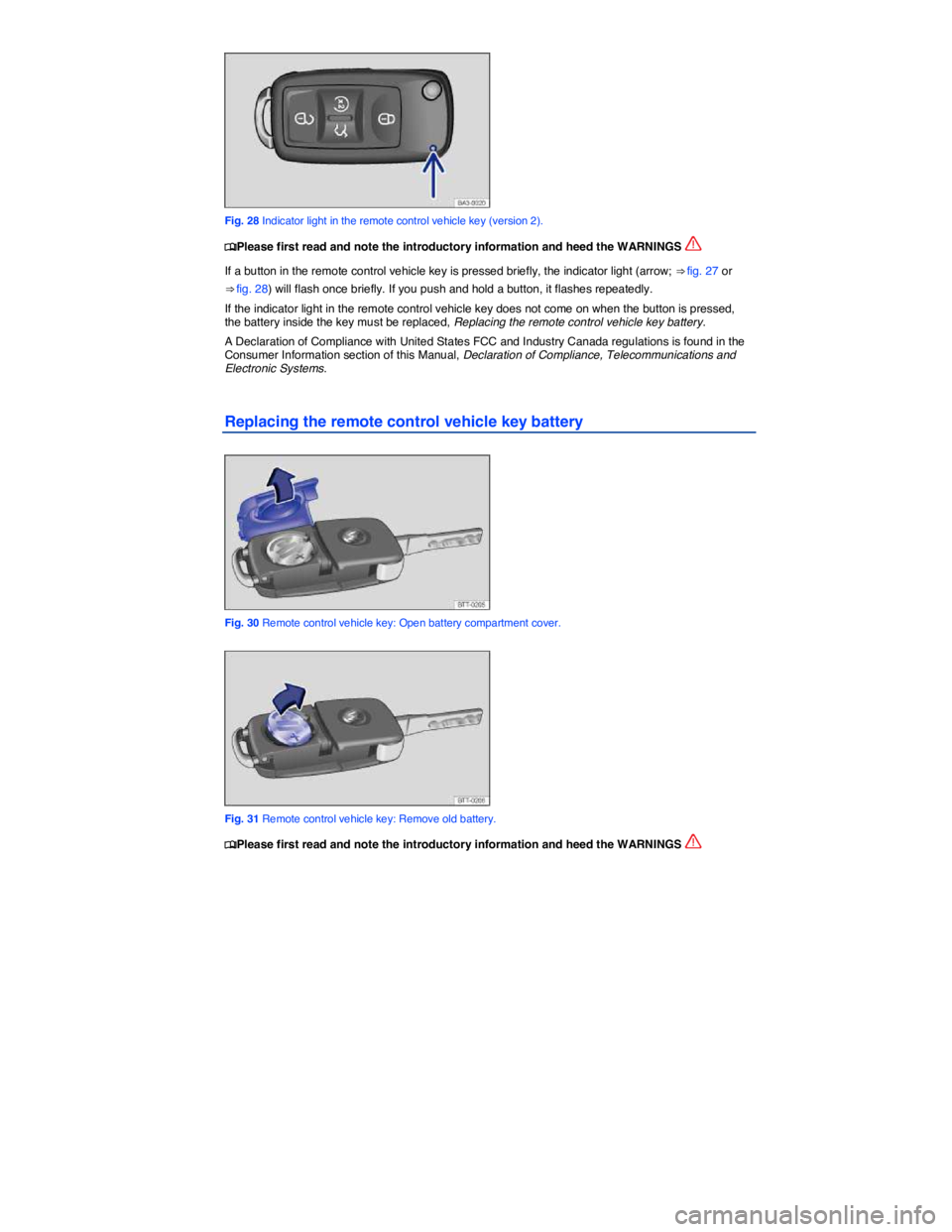 VOLKSWAGEN PASSAT 2010 Owners Guide  
 
Fig. 28 Indicator light in the remote control vehicle key (version 2). 
�