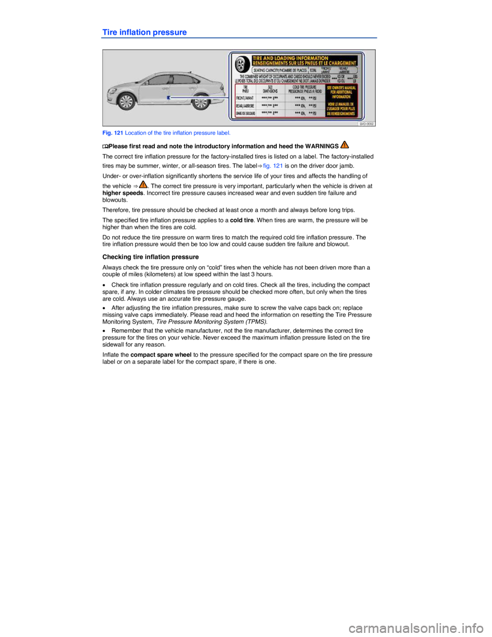 VOLKSWAGEN PASSAT 2009  Owners Manual  
Tire inflation pressure 
 
Fig. 121 Location of the tire inflation pressure label. 
�