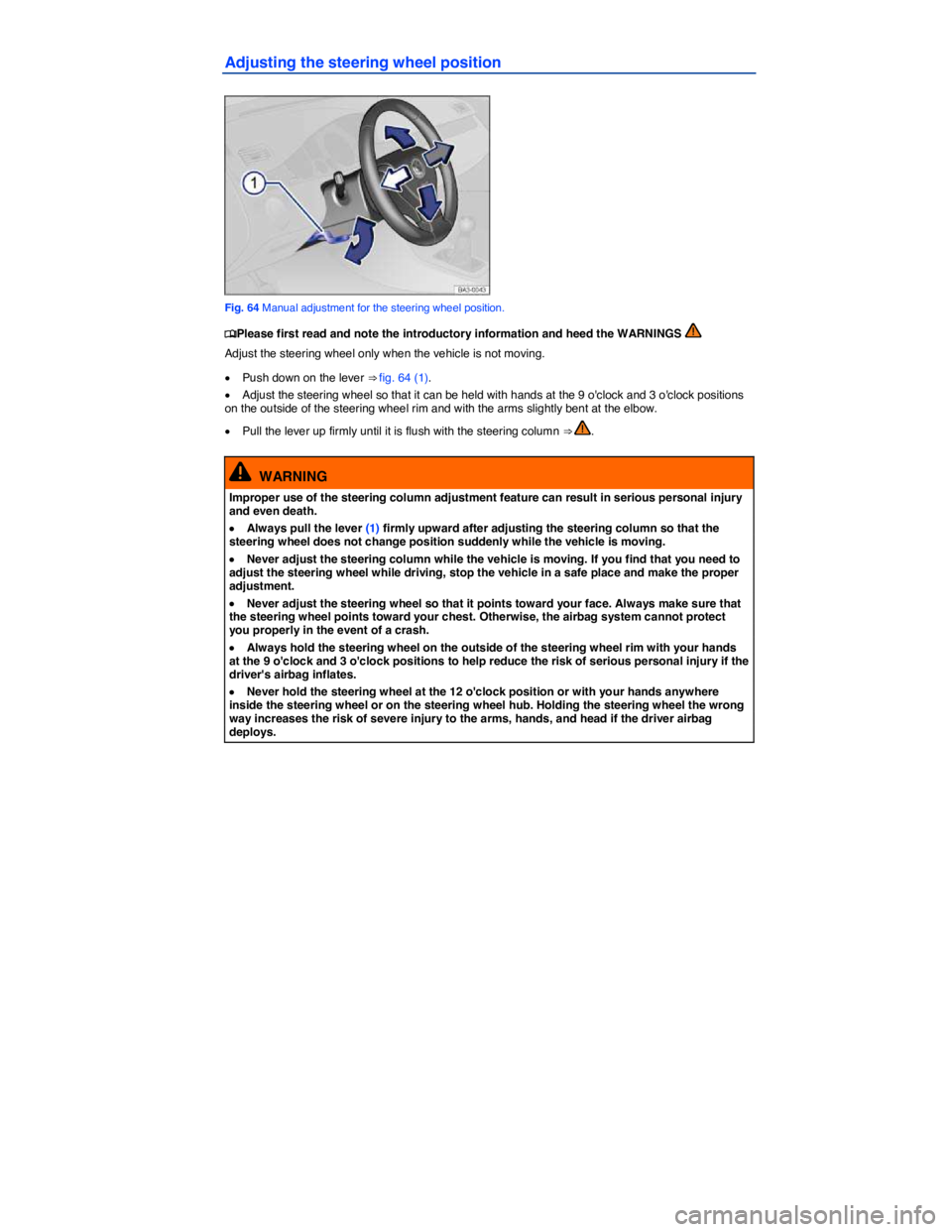 VOLKSWAGEN PASSAT 2009  Owners Manual  
Adjusting the steering wheel position 
 
Fig. 64 Manual adjustment for the steering wheel position. 
�