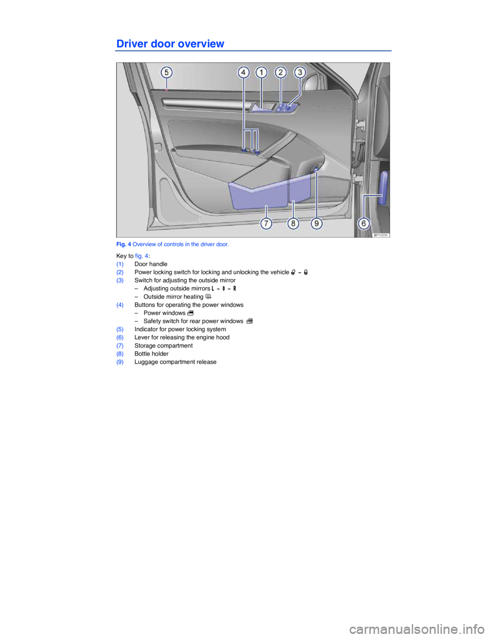 VOLKSWAGEN PASSAT 2008  Owners Manual  
Driver door overview 
 
Fig. 4 Overview of controls in the driver door. 
Key to fig. 4: 
(1) Door handle  
(2) Power locking switch for locking and unlocking the vehicle �0 �