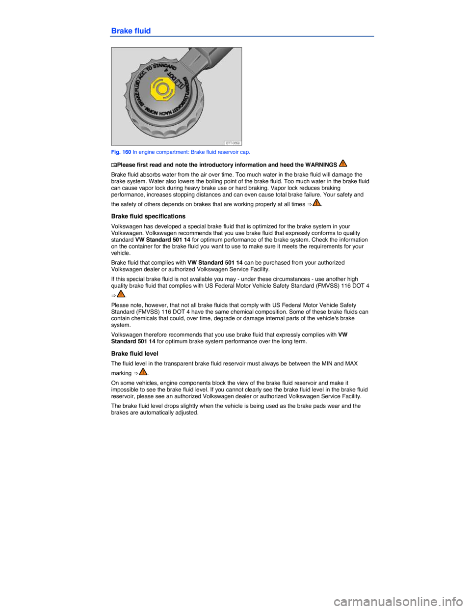 VOLKSWAGEN PASSAT 2007  Owners Manual  
Brake fluid 
 
Fig. 160 In engine compartment: Brake fluid reservoir cap. 
�