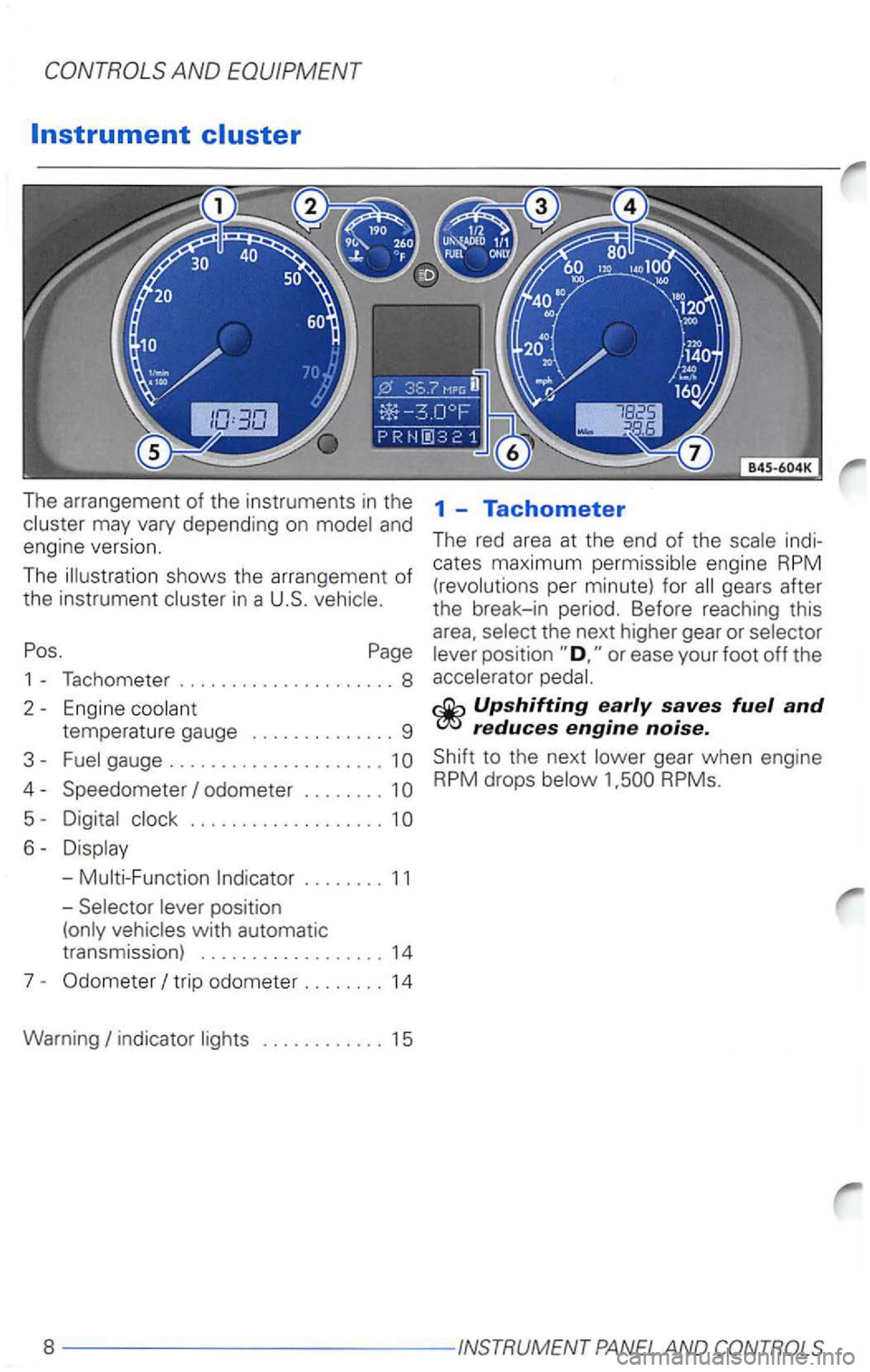 VOLKSWAGEN PASSAT 2004  Owners Manual may vary  depending  on 
shows the arrangement  of 
the  instrument 
Pos. Page 
1 - Tachomete r ..................... 8 
2  -
Engine temperature  gauge ............ .. 9 
3-gauge .....................