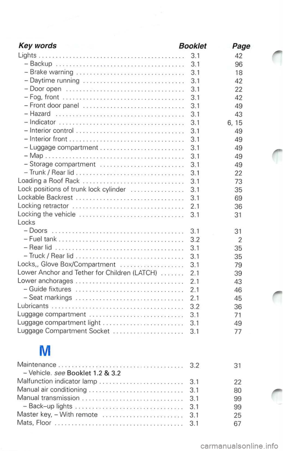 VOLKSWAGEN PASSAT 2004  Owners Manual Key words  Booklet 
Lights  . . .  . . . . . .  . . . .  . . . .  . . . .  . . . .  . . .  . . .  . . . . .  . . .  . . . . 3.1 
- Backup  . . . .  . . . . . . . . .  . . .  . . . .  . . . .  . .  . .