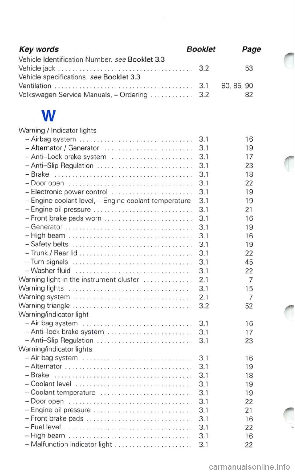 VOLKSWAGEN PASSAT 2004  Owners Manual Identification Number. see 3.3 
specificat ions. see 3.3 
Vent ilation 
............................... 3.1 
Service -Ordering .... 3.2 
w 
Warning 
- Airbag  system .......... 
3.1 
-Anti-Lock  brake