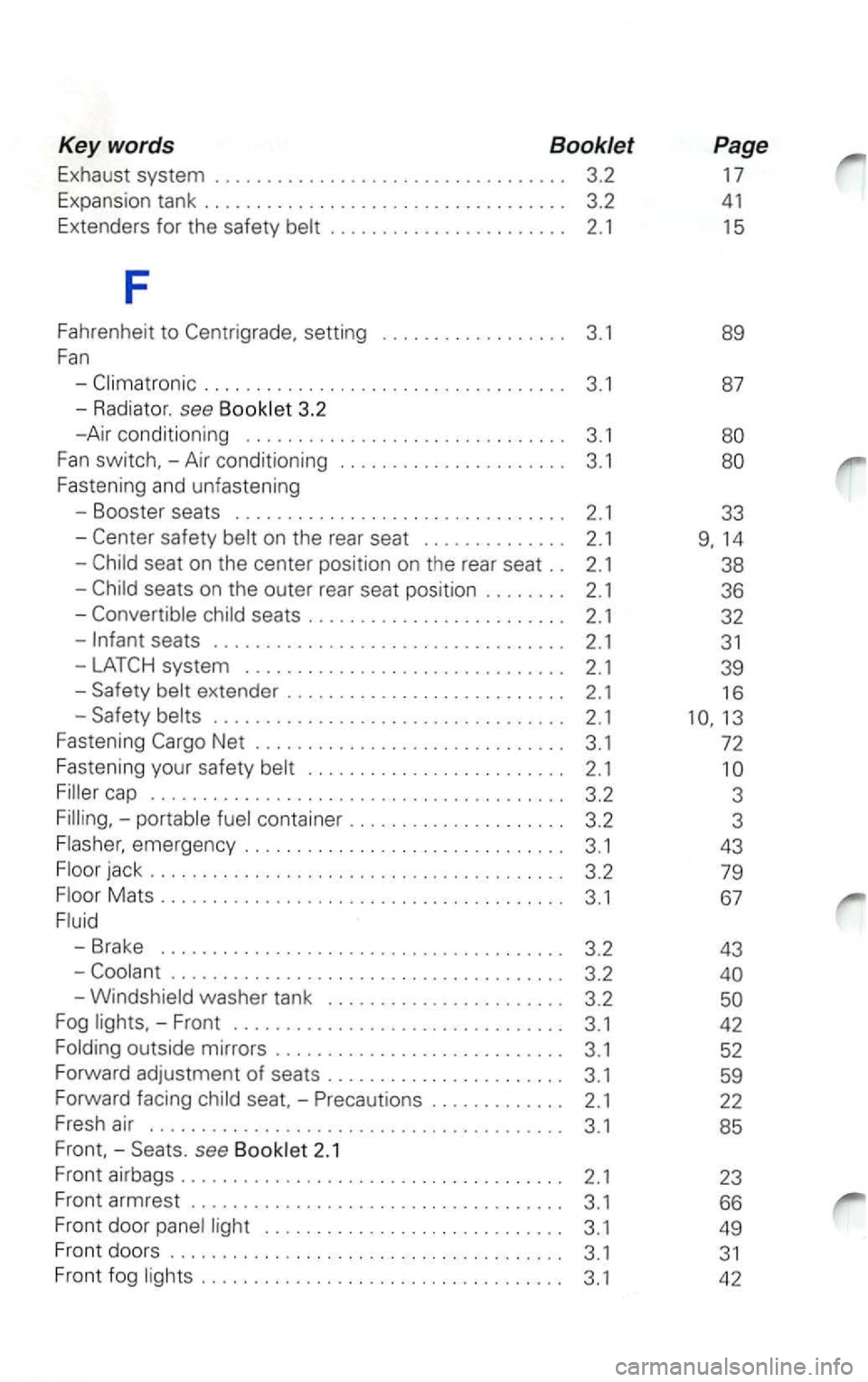 VOLKSWAGEN PASSAT 2003 User Guide Key words  Booklet 
E xhaust  system  . . . . . . . . .  . .  . . . . . . . . .  . . . .  . . . . .  . . . . .  3.2 
E xpansio n tank  . . . . .  . .  . . .  . . .  . .  . . . .  . . . .  .  . . . . .