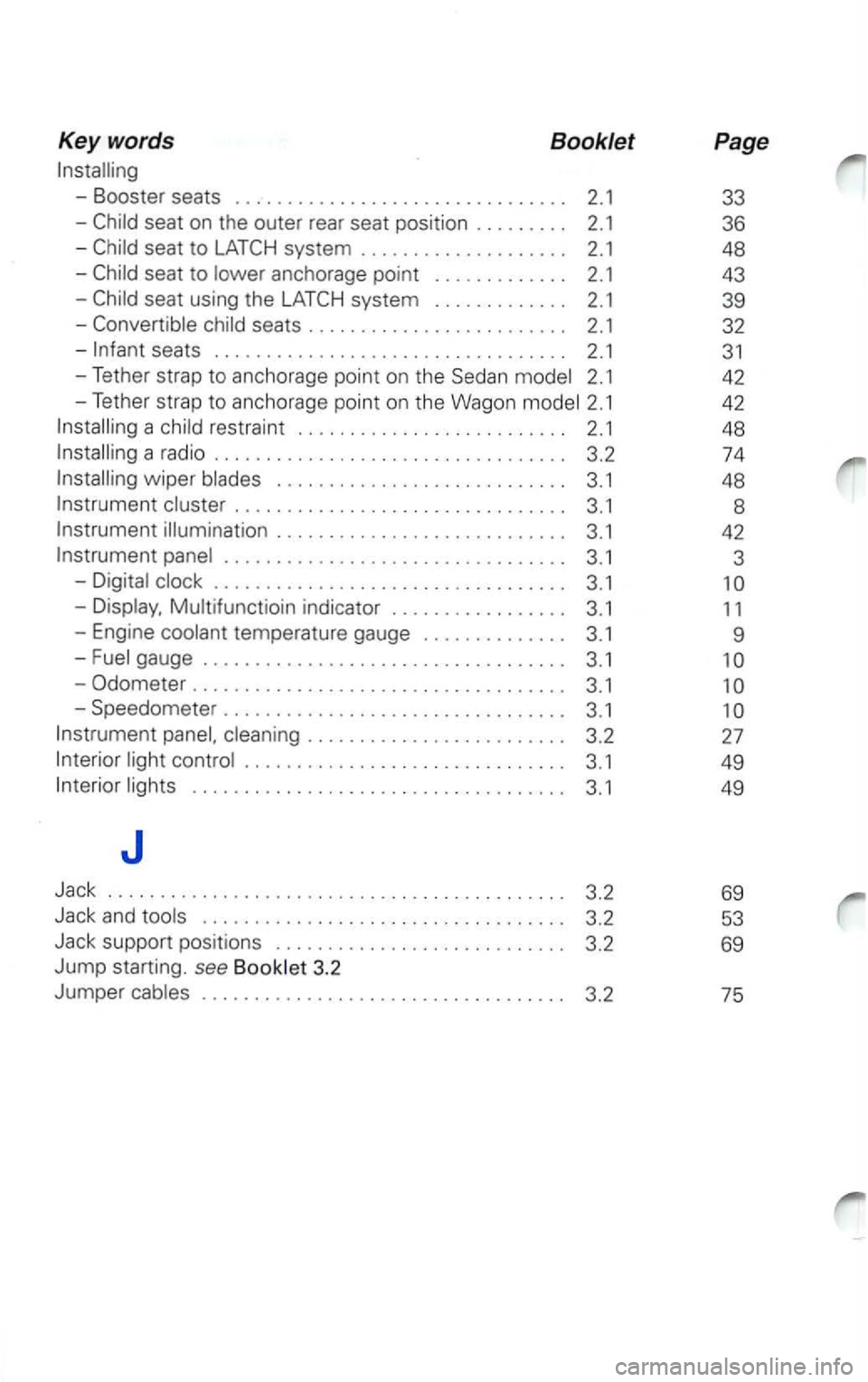 VOLKSWAGEN PASSAT 2003  Owners Manual Key words  Booklet 
seats . . . .  . . . . . . . . . .  . . .  . . . .  . . . . .  . . .  . . . .  . 2.1 
-Tether strap  to anchorage  point on the model 2.1 
-Tether strap  to anchorage  point on the