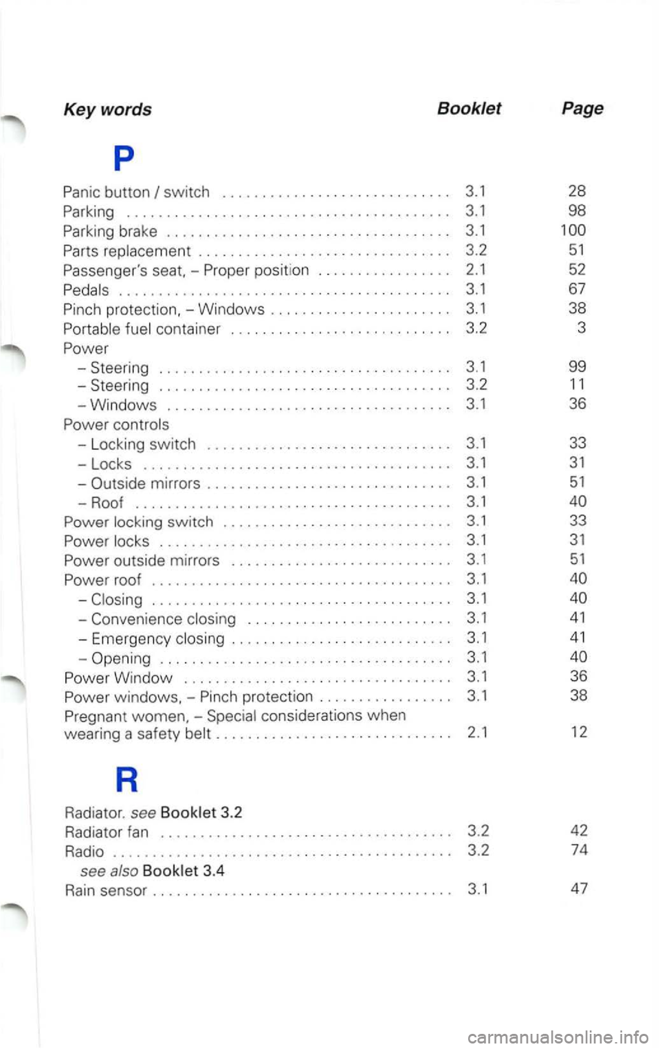 VOLKSWAGEN PASSAT 2003 Owners Manual Keywords Booklet 
p 
Panic button 
..................................... . 3.1 
-Convenience  closing ................. .. ...... . 3.1 
- Emergency  closing ..................... ...... . 3.1 
-Openi