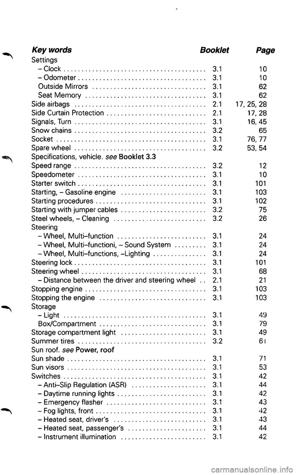 VOLKSWAGEN PASSAT 2003 Owners Manual Key words Booklet
Settings
-Clock........................................ 3.1
-Odometer.................................... 3.1
Outside Mirrors . . . . . . . . . . . . . . . . . . . . . . . VOLKSWAGEN PASSAT 2003 Owners Manual Key words Booklet
Settings
-Clock........................................ 3.1
-Odometer.................................... 3.1
Outside Mirrors . . . . . . . . . . . . . . . . . . . . . . .