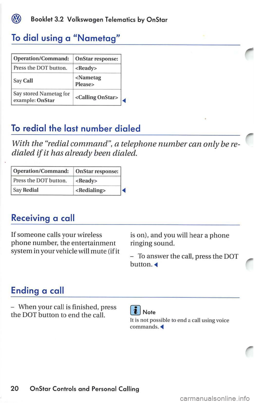 VOLKSWAGEN PASSAT 2003  Owners Manual Booklet  3 .2  Volkswagen T ele matics by 
To dial  using  a 
Operation/Command: response: 
the DOT  button. 
Call <Nametag 
To redial  the last  number dialed 
With  the 
response: 
the DOT button. 

