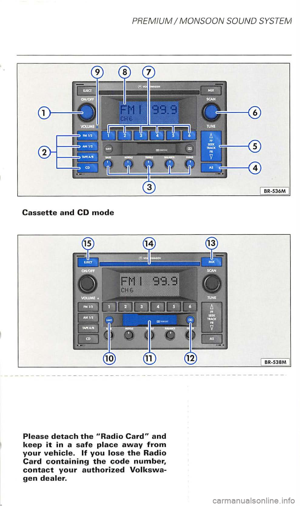 VOLKSWAGEN PASSAT 2003  Owners Manual PREMIUM 
Cassette and CD mode 
Please detach the 
BR-536M 
BR-538M  