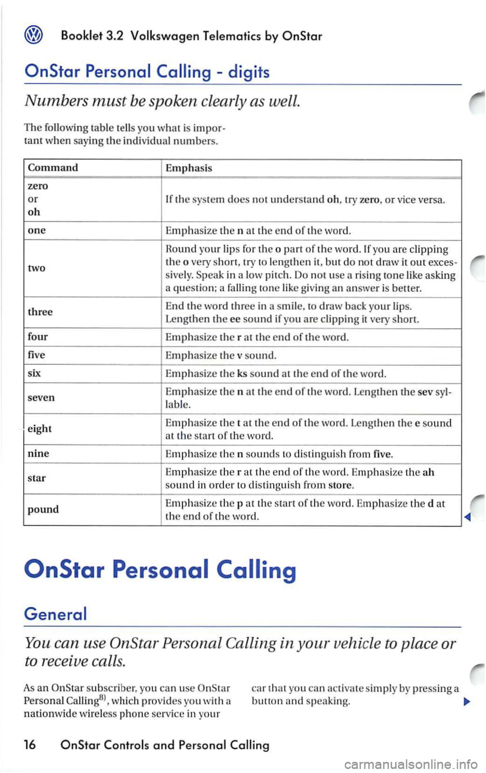 VOLKSWAGEN PASSAT 2002 Owners Manual Booklet 3 .2 Volk swagen Tele matic s by
Emphasis
zero
or If the system does no t understand o h, try zero, or vice versa.
o h
one Emphasize th e n at the end of the word.
R o
und your lip VOLKSWAGEN PASSAT 2002 Owners Manual Booklet 3 .2 Volk swagen Tele matic s by
Emphasis
zero
or If the system does no t understand o h, try zero, or vice versa.
o h
one Emphasize th e n at the end of the word.
R o
und your lip