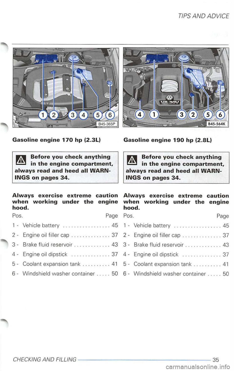 VOLKSWAGEN PASSAT 2002  Owners Manual cap . . . . . .  . 37 
3 - Brake 
reservoir .............  43 
4  - Engine 
dipstick .............. 37 
5-expansion  tank .......... 41 5-
washer container ..... washer container  .....  